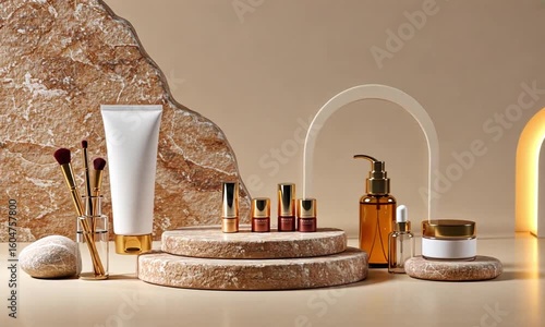 Beige stone podium display with cosmetic products