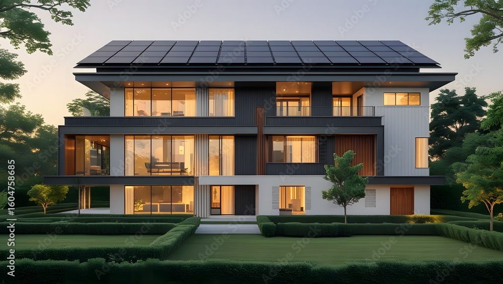 Fototapeta premium Modern luxury home with solar panels and manicured gardens at dusk