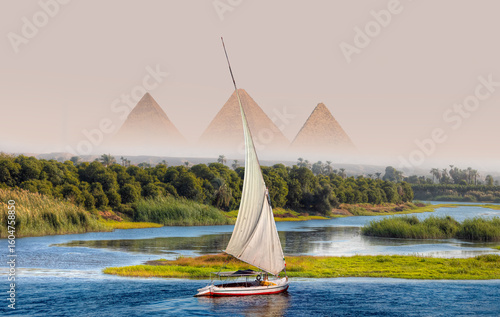 Bild auf Leinwand Beautiful Nile scenery with traditional Felluca sailing boat in the Nile on the