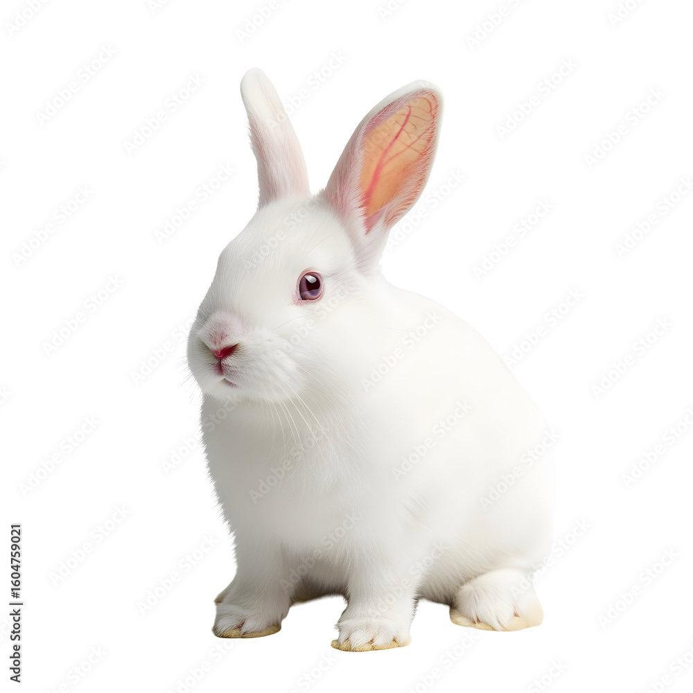 Fototapeta premium Adorable White Rabbit Portrait Against White Background.