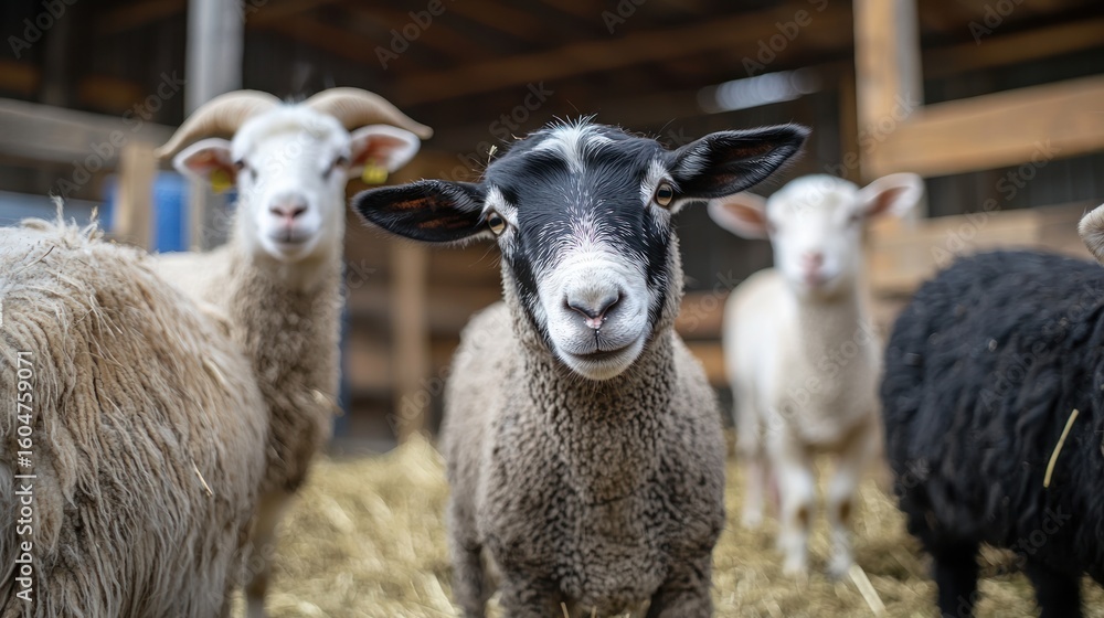Fototapeta premium A group of sheep standing in a barn with hay, with a black and white sheep in the foreground.