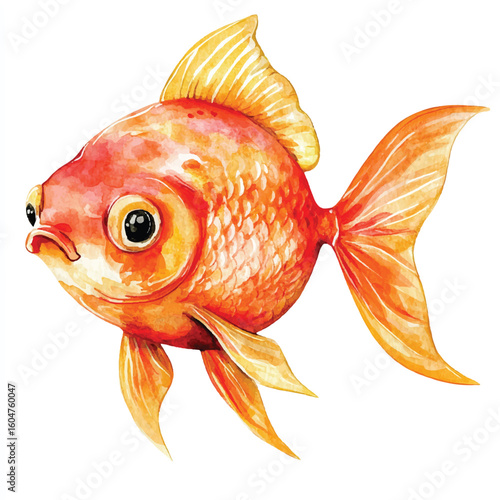 Watercolor Illustration of a Vibrant Orange Goldfish with Detailed Fins