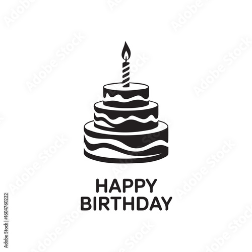 Simple black and white illustration of a three tiered birthday cake with a single lit candle and happy birthday text