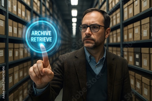 A man is in a storage room, touching a archive retrieve interface