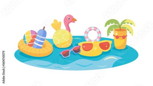 Summer vacation beach holiday pool party with flamingo floaties and sunglasses vector illustration design