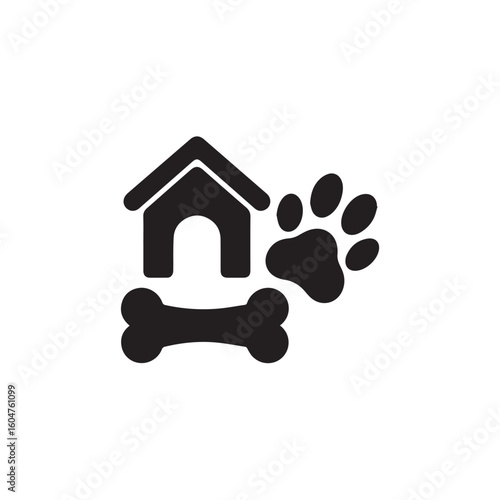 Simple graphic icon representing a dog house a paw print and a bone symbolizing pet care and animal companionship