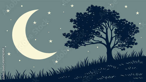 Night scene with moon and tree vector illustration landscape with stars and grass background design