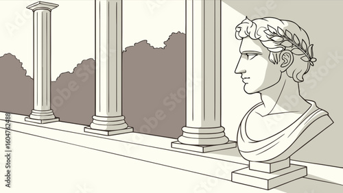 Ancient greek roman bust sculpture with laurel wreath and columns architecture illustration vector art