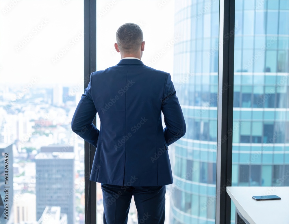 Fototapeta premium Businessman Staring Through a Window in a High-Rise Office Setting