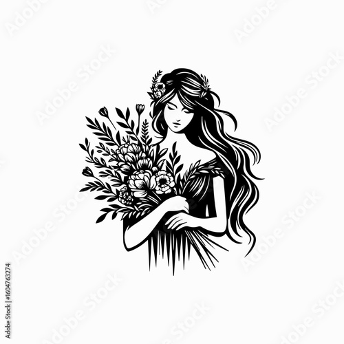 Elegant Woman Holding Flowers with Wavy Hair and Floral Crown in Black and White.