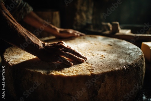 Aged cheese being handled by hands