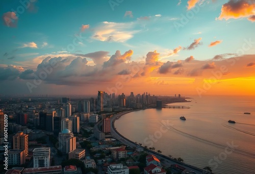 Lagos Island sunset panorama, vibrant cityscape skyline, golden hour hues, Buildings, Landscape