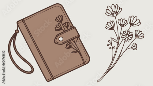 Stylish floral wallet clutch with wrist strap and flower bouquet illustration design vector graphic art