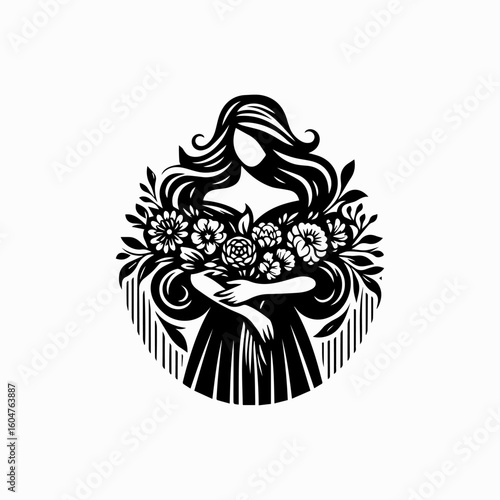 Elegant Woman Silhouette with Floral Bouquet Design.