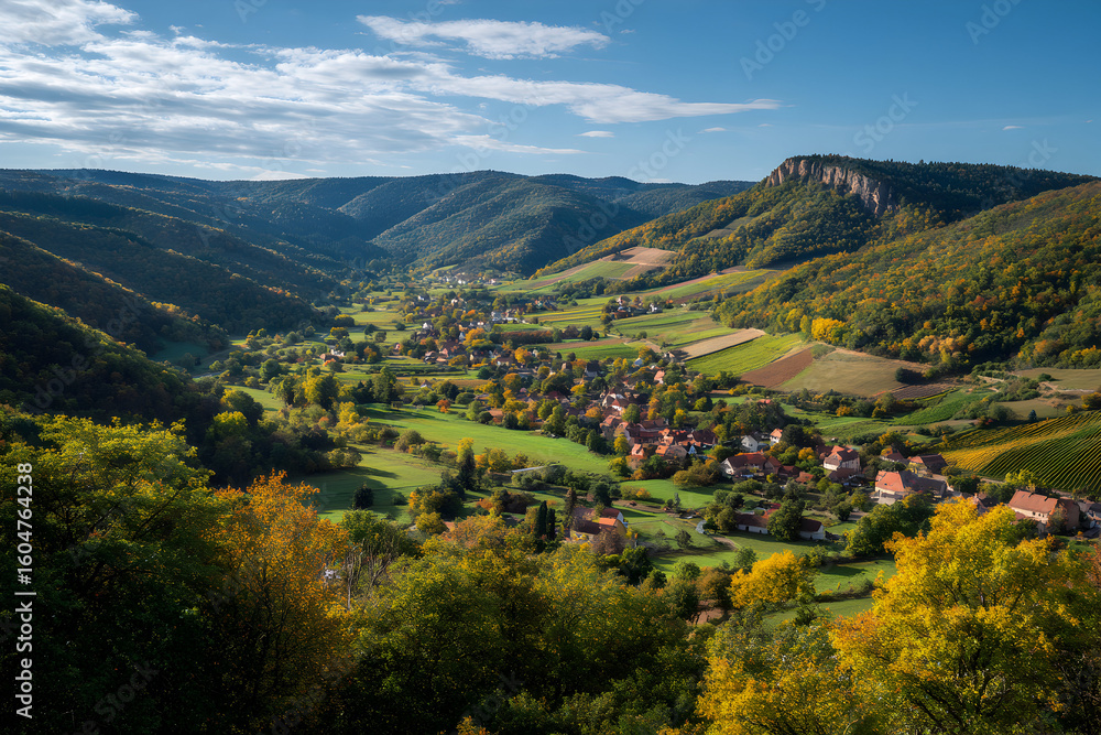 Fototapeta premium Vibrant Autumn Landscape Overlooking Rolling Hills and Valleys Under a Clear Blue Sky