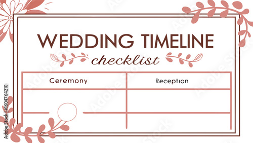 Elegant wedding timeline checklist with ceremony and reception sections and decorative floral accents in a soft color palette