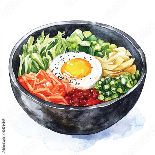 Watercolor Illustration of Bibimbap A Colorful Korean Rice Bowl Delight