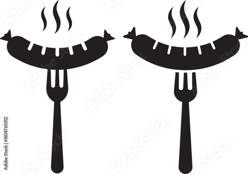 Two hot sausages on forks silhouette