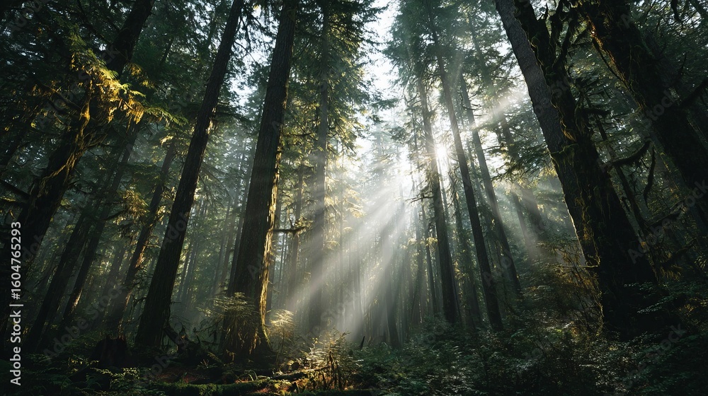 Obraz premium Majestic forest scene featuring sunlight streaming through tall green trees and mist