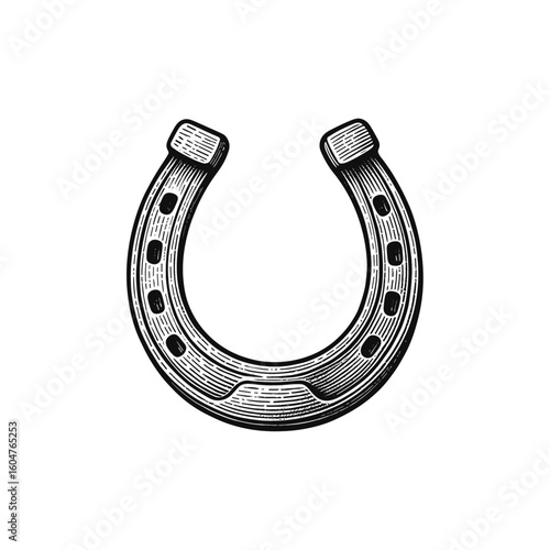 Vintage Lucky Horseshoe Engraving, drawn in an engraved, woodcut style with fine details sketch engraving vector illustration. Scratch board imitation.