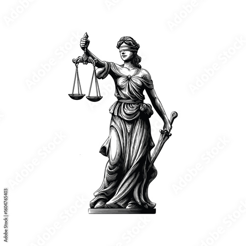 Vintage Lady Justice Statue Engraving, drawn in an engraved, woodcut style with fine details sketch engraving vector illustration. Scratch board imitation.