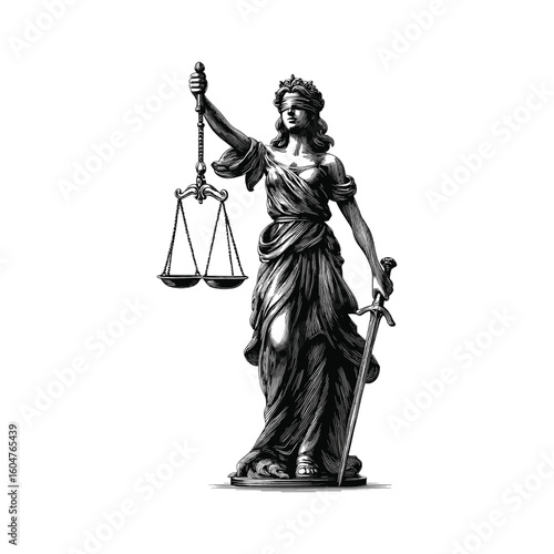 Vintage Lady Justice Statue Engraving, drawn in an engraved, woodcut style with fine details sketch engraving vector illustration. Scratch board imitation.
