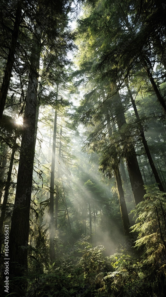 Obraz premium Majestic forest scene featuring sunlight streaming through tall green trees and mist