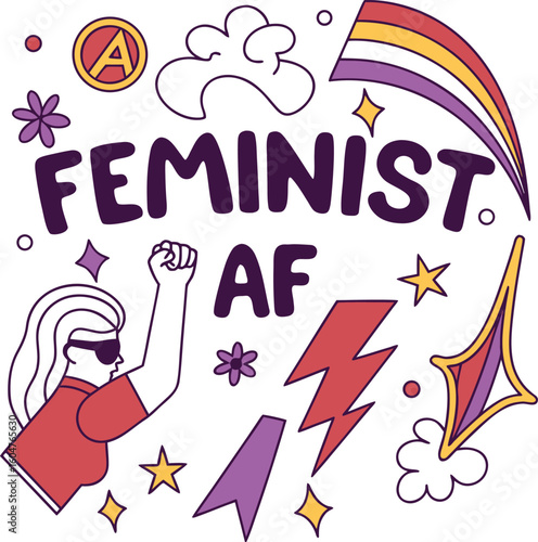 Feminist AF Bold Design with Empowering Icons and Vibrant Illustration for Strong Feminist Expression and Advocacy