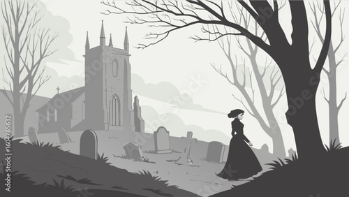 Victorian gothic scene with woman in mourning dress walking near church and graveyard illustration art drawing