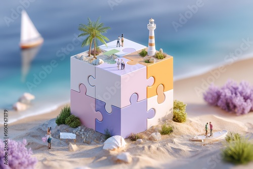 Creative concept of puzzle pieces forming a tropical island scene with people enjoying nature, a lighthouse, palm trees, and serene beach vibes under clear blue skies