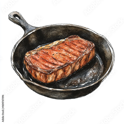 Watercolor Illustration of a Grilled Steak in a Cast Iron Skillet