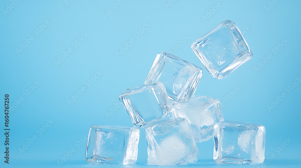 Obraz premium A pile of ice cubes, some melting, sits against a vibrant blue background, giving a sense of refreshing coolness and crystalline simplicity.
