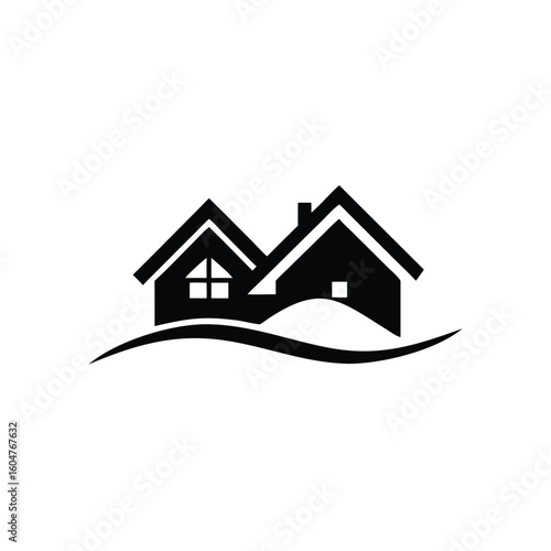 Two black houses sit atop a gentle hill, depicted in a minimalist, transparent style