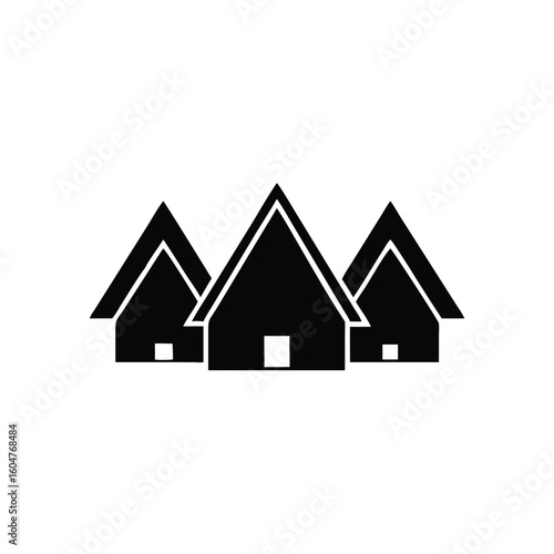 Three minimalist black houses are lined up against a stark white background, and transparent