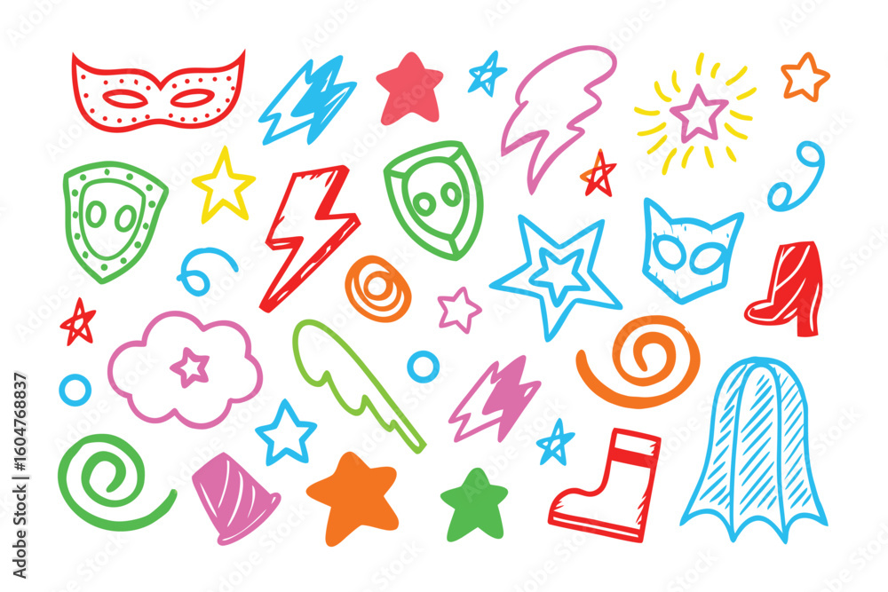Whimsical Superhero Elements: A vibrant collection of hand-drawn superhero-themed icons, with splashes of color that will surely delight the eyes and stimulate the imagination. Whimsical Superhero Elements: A vibrant collection of hand-drawn superhero-themed icons, with splashes of color that will surely delight the eyes and stimulate the imagination.