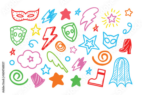 Whimsical Superhero Elements: A vibrant collection of hand-drawn superhero-themed icons, with splashes of color that will surely delight the eyes and stimulate the imagination.