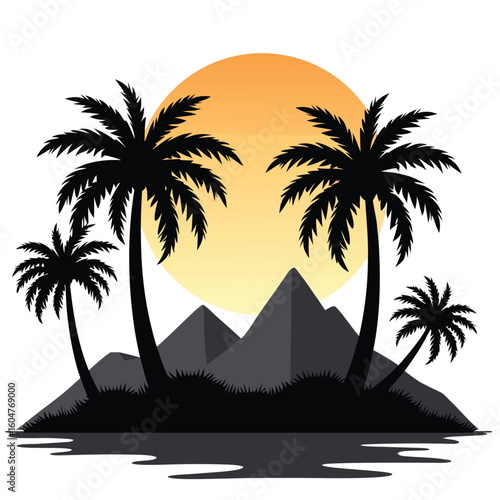 Tropical island oasis with palm trees and pyramids at sunset vector
