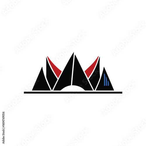 Seven diverse mountain peaks rise behind a straight line, featuring red and blue accents