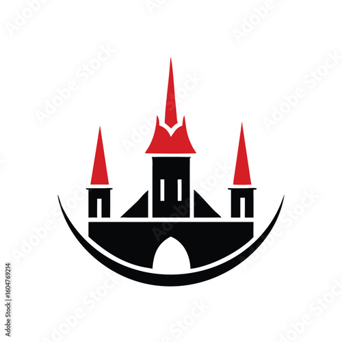 Silhouette shows black castle with red accents, arched gateway and curved base on a white background