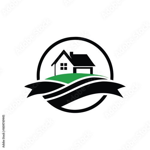 Home icon on a green hill encircled by a ring above black ribbon