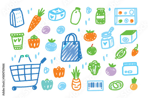 Shopping Essentials Doodle: An array of hand-drawn shopping essentials including fresh produce, packaged goods, and a shopping cart. Showcasing the vibrant energy of market day or grocery shopping.