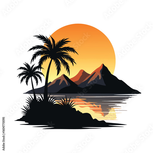 Tropical island sunset with palm trees and mountains reflected in water silhouette