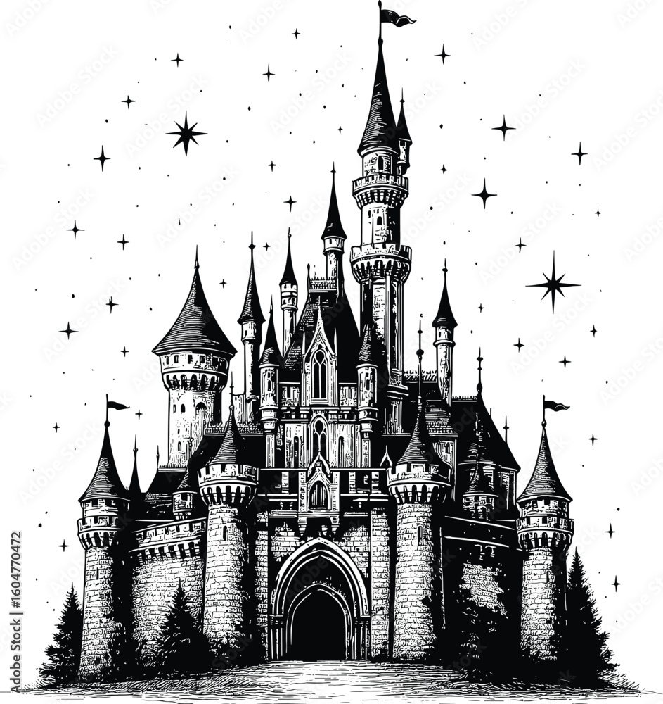 Obraz premium Cinderella castle fairytale kingdom vector black silhouette print design