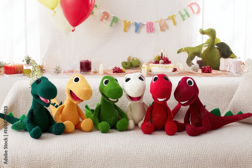 Obraz premium Colorful Dinosaur Plush Toys Sitting on Bed at Birthday Party with Balloons and Celebration Banner Decorations for Kids
