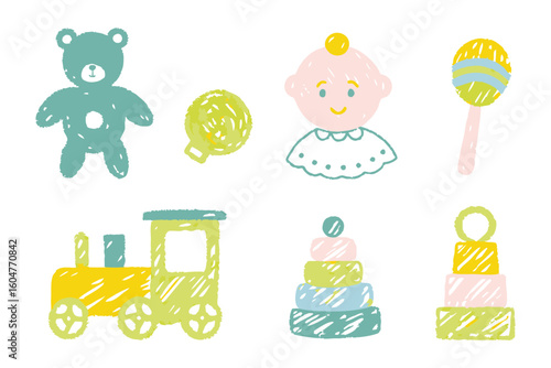 Baby Toys Set Illustration: A whimsical assortment of baby toys, including a cuddly bear, ball, sweet baby, rattle, train, and stacking rings, all rendered in a delightful illustration.