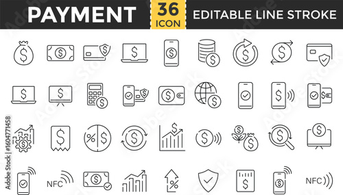 Payment Line Icon Set – Outline Editable Stroke Icons for Finance, Invoice, Credit Card, Bill Payment, Banking, Cash, Electronic Payment, Receipt and Money Transactions
