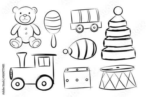 Playtime Collection: A charming collection of hand-drawn toys, each piece filled with childlike wonder and evoking memories of innocent games. 