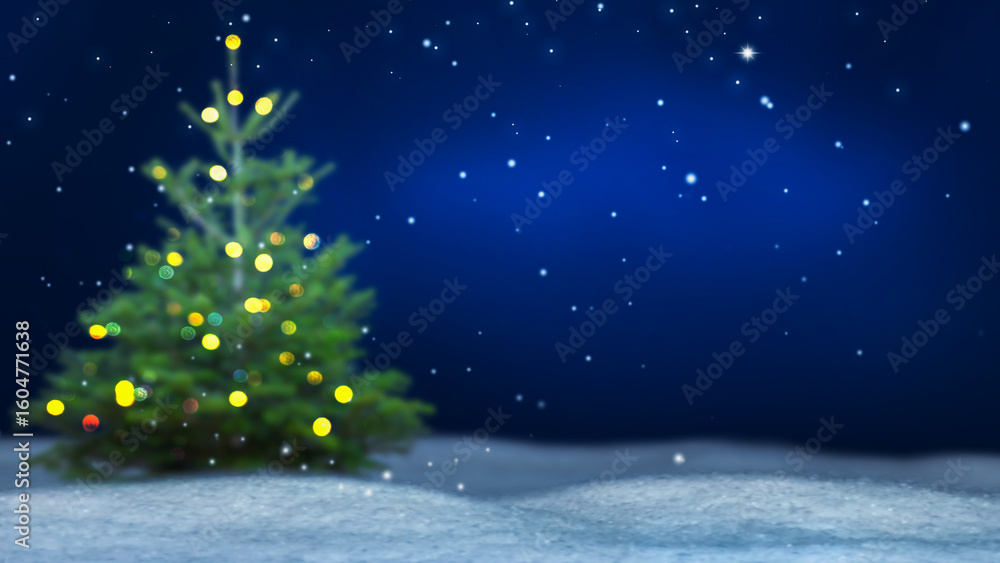 Fototapeta premium blurred decorated christmas tree in snow at christmas eve, natural xmas background with copy space for text or product display, greeting card concept for december holiday season