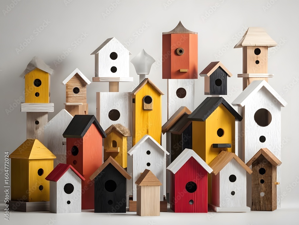 Fototapeta premium Birdhouses, Displayed, Various colors and sizes
