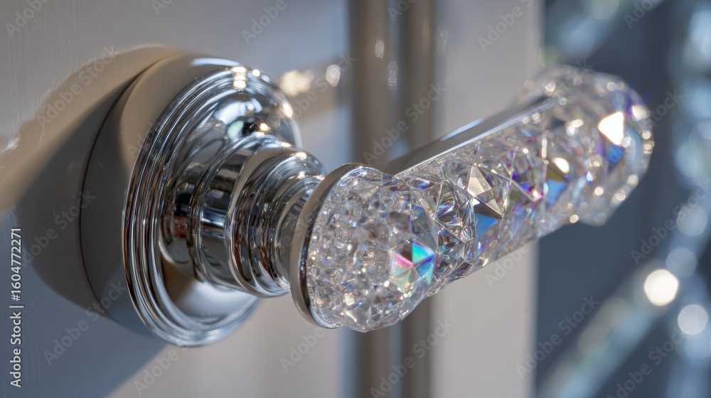 Obraz premium Close-up of an opulent door handle made of polished chrome with embedded clear crystal facets, mounted on a tempered glass door.